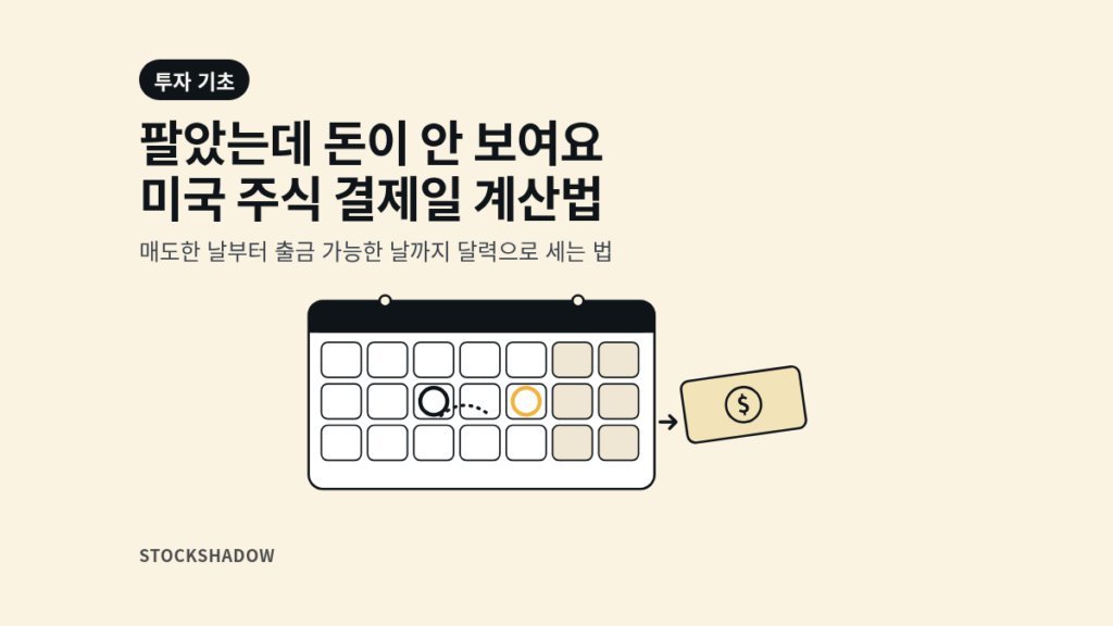 팔았는데 돈이 안 보여요, 미국 주식 결제일 계산법. 매도한 날부터 출금 가능한 날까지 달력으로 세는 법. 달력에서 두 칸 떨어진 날짜에 동그라미를 치고 달러 지폐로 이어지는 그림